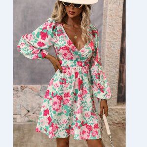Floral Cutout Tie Back Balloon Sleeve Dress